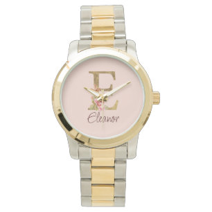 Custom Name Letter E Gold Foil Blush Pink Roses Watch
