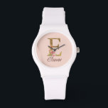 Custom Name Letter E Gold Foil Blush Pink Roses Watch<br><div class="desc">Custom Name Gold Foil Blush Pink Roses Letter E design features a charming floral monogram with radiant gold accents—perfect for soft feminine flair,  romantic occasions,  and personal name touches. Click 'Personalise' to add your name or someone special’s.</div>