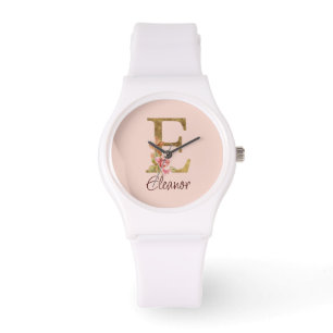 Custom Name Letter E Gold Foil Blush Pink Roses Watch