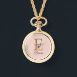 Custom Name Letter E Gold Foil Blush Pink Roses Watch<br><div class="desc">Custom Name Gold Foil Blush Pink Roses Letter E design features a charming floral monogram with radiant gold accents—perfect for soft feminine flair,  romantic occasions,  and personal name touches. Click 'Personalise' to add your name or someone special’s.</div>