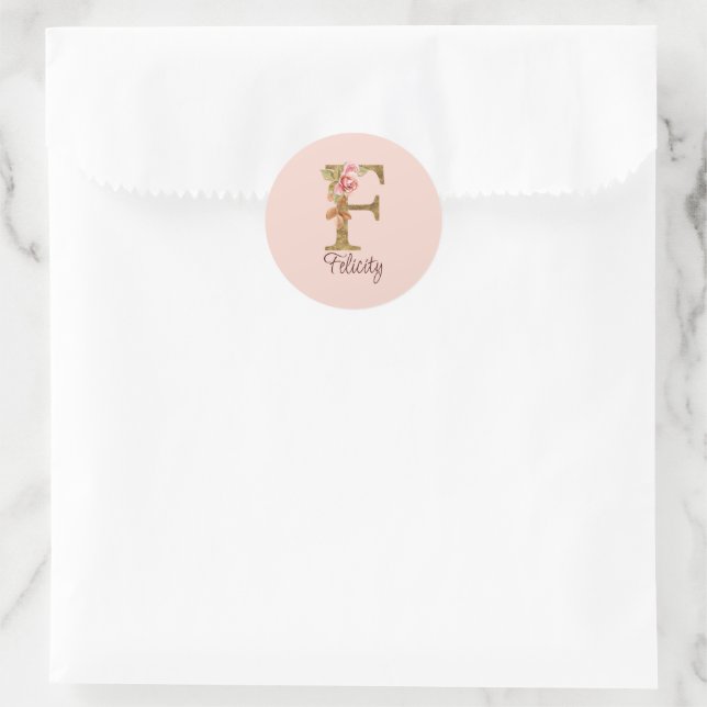 Custom Name Letter F Gold Foil Blush Pink Roses Classic Round Sticker (Bag)