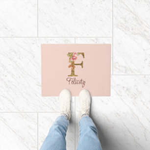 Custom Name Letter F Gold Foil Blush Pink Roses Doormat