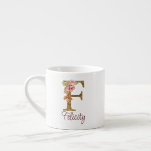 Custom Name Letter F Gold Foil Blush Pink Roses Espresso Cup