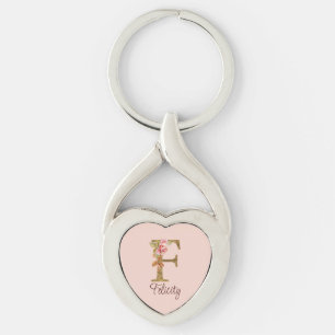 Custom Name Letter F Gold Foil Blush Pink Roses Key Ring