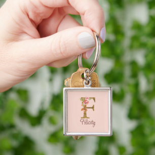 Custom Name Letter F Gold Foil Blush Pink Roses Key Ring