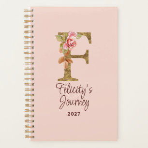Custom Name Letter F Gold Foil Blush Pink Roses Planner
