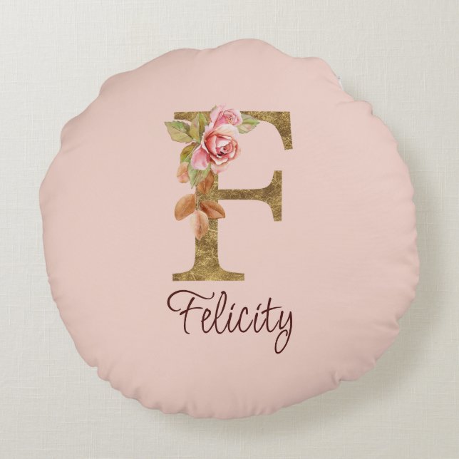 Custom Name Letter F Gold Foil Blush Pink Roses Round Cushion (Back)
