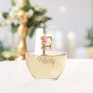 Custom Name Letter F Gold Foil Blush Pink Roses Stemless Wine Glass