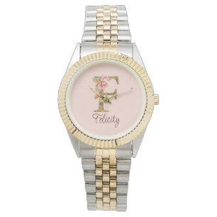 Custom Name Letter F Gold Foil Blush Pink Roses Watch