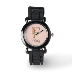 Custom Name Letter F Gold Foil Blush Pink Roses Watch