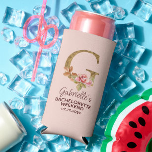 Custom Name Letter G Gold Blush Pink Roses Seltzer Can Cooler