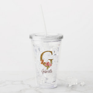 Custom Name Letter G Gold Foil Blush Pink Roses Acrylic Tumbler
