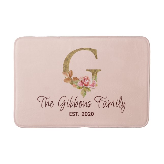 Custom Name Letter G Gold Foil Blush Pink Roses Bath Mat (Front)