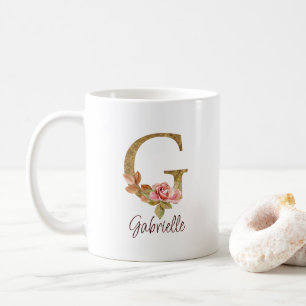 Custom Name Letter G Gold Foil Blush Pink Roses Coffee Mug