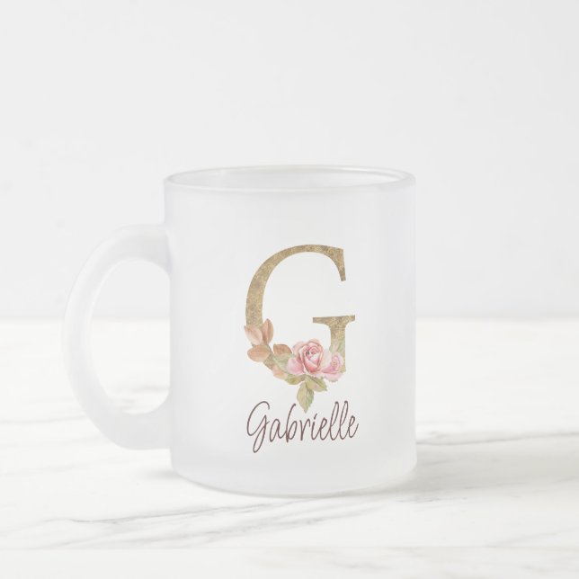 Custom Name Letter G Gold Foil Blush Pink Roses Frosted Glass Coffee Mug (Left)
