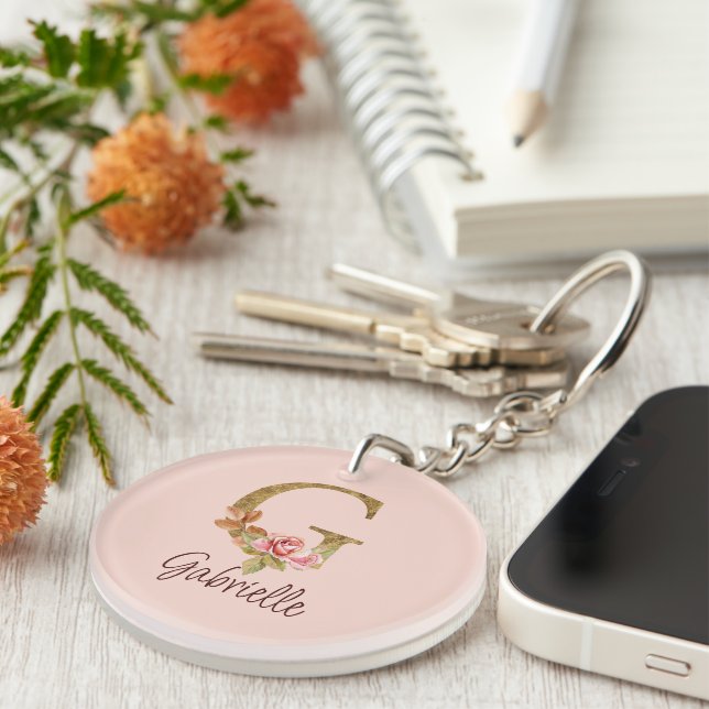 Custom Name Letter G Gold Foil Blush Pink Roses Key Ring (Front Right)