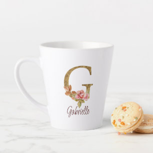 Custom Name Letter G Gold Foil Blush Pink Roses Latte Mug