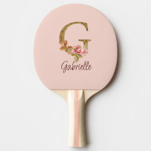 Custom Name Letter G Gold Foil Blush Pink Roses Ping Pong Paddle
