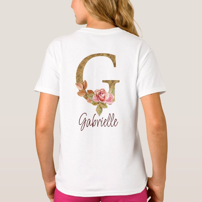 Custom Name Letter G Gold Foil Blush Pink Roses T-Shirt (Back)