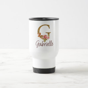 Custom Name Letter G Gold Foil Blush Pink Roses Travel Mug
