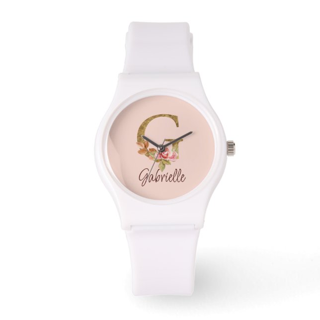 Custom Name Letter G Gold Foil Blush Pink Roses Watch (Front)