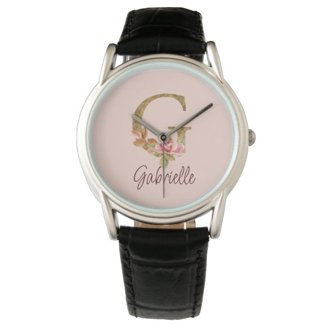 Custom Name Letter G Gold Foil Blush Pink Roses Watch (Front)