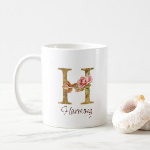 Custom Name Letter H Gold Foil Blush Pink Roses Coffee Mug