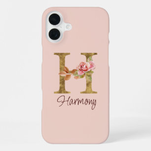 Custom Name Letter H Gold Foil Blush Pink Roses iPhone 16 Plus Case