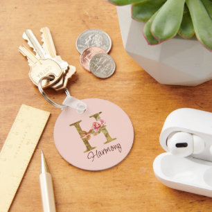 Custom Name Letter H Gold Foil Blush Pink Roses Key Ring