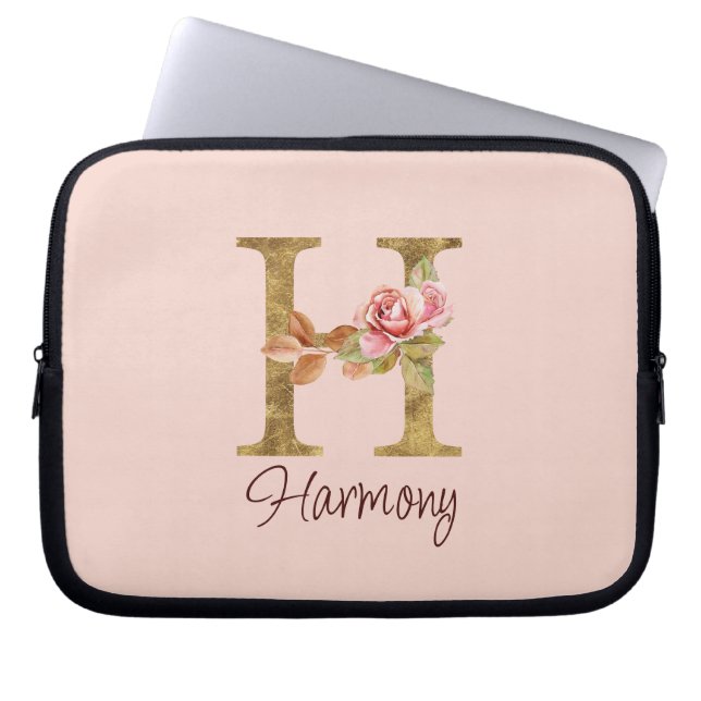 Custom Name Letter H Gold Foil Blush Pink Roses Laptop Sleeve (Front)