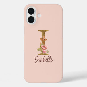 Custom Name Letter I Gold Foil Blush Pink Roses iPhone 16 Plus Case