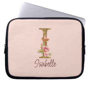 Custom Name Letter I Gold Foil Blush Pink Roses Laptop Sleeve