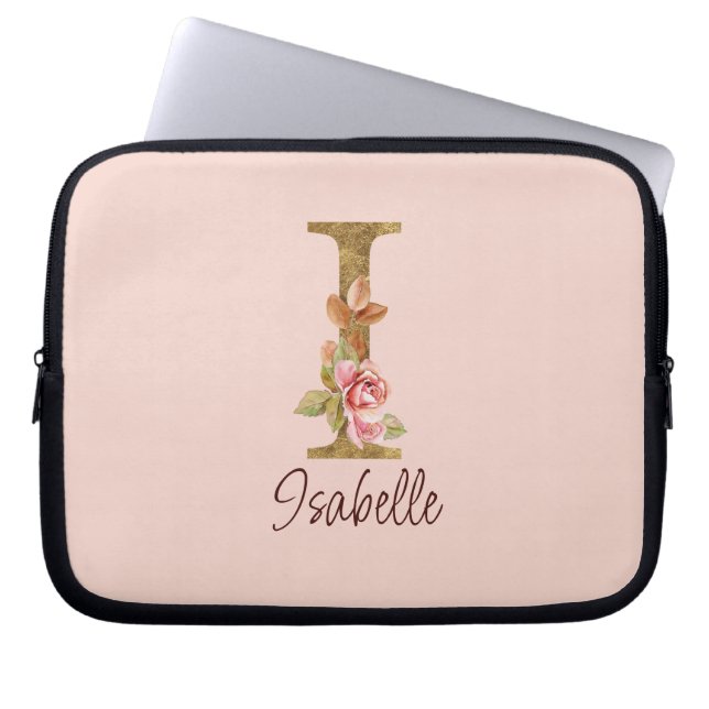 Custom Name Letter I Gold Foil Blush Pink Roses Laptop Sleeve (Front)