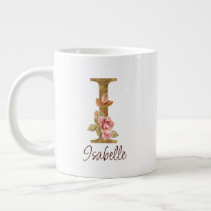 Custom Name Letter I Gold Foil Blush Pink Roses Large Coffee Mug