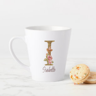 Custom Name Letter I Gold Foil Blush Pink Roses Latte Mug