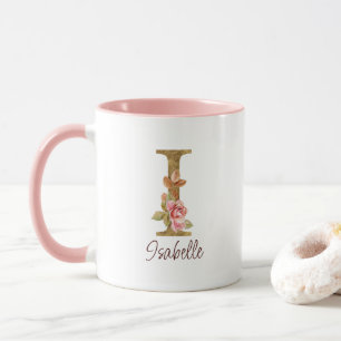Custom Name Letter I Gold Foil Blush Pink Roses Mug