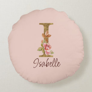 Custom Name Letter I Gold Foil Blush Pink Roses Round Cushion