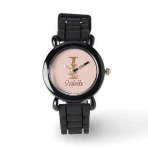 Custom Name Letter I Gold Foil Blush Pink Roses Watch