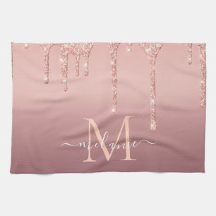 Custom Name Letter Rose Gold Glitter Kitchen Towel