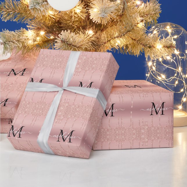 Custom Name Letter Rose Gold Wrapping Paper (Holidays)