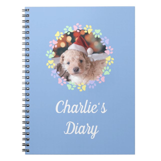 Custom Name Light Blue Cute Paws Pet's Diary Notebook (Front)
