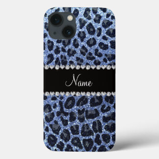 Custom name light blue glitter leopard print iPhone 13 case