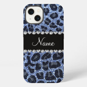 Custom name light blue glitter leopard print iPhone 13 case
