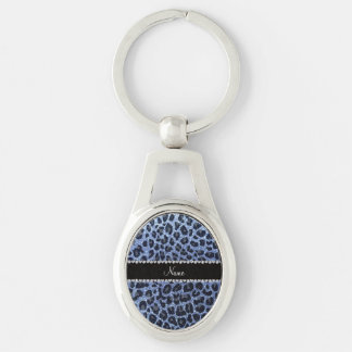 Custom name light blue glitter leopard print key ring