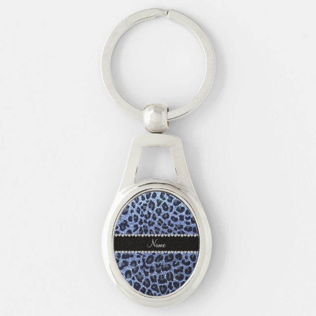 Custom name light blue glitter leopard print key ring (Front)