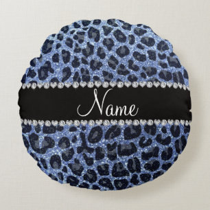 Custom name light blue glitter leopard print round cushion
