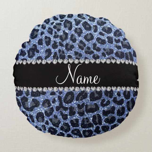 Custom name light blue glitter leopard print round cushion (Front)