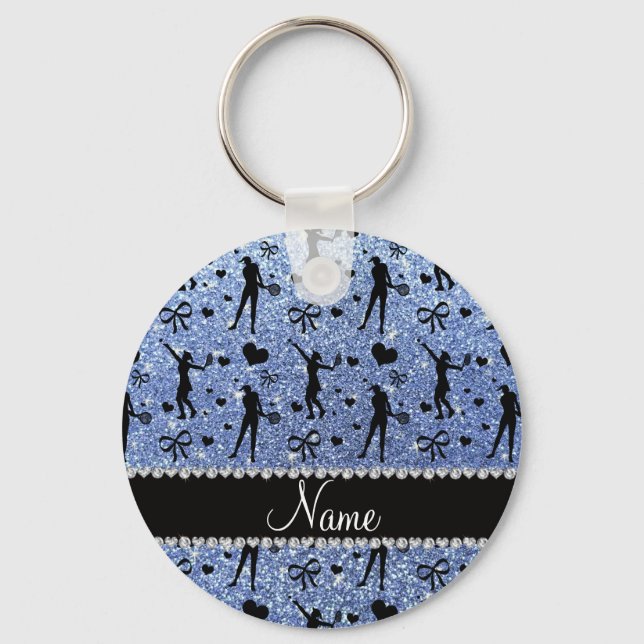 Custom name light blue glitter tennis hearts bows key ring (Front)