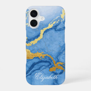 Custom Name Light Blue Marble & Gold iPhone 16 Case
