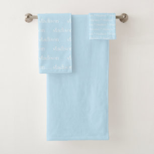 Custom name light blue white text pattern bath towel set